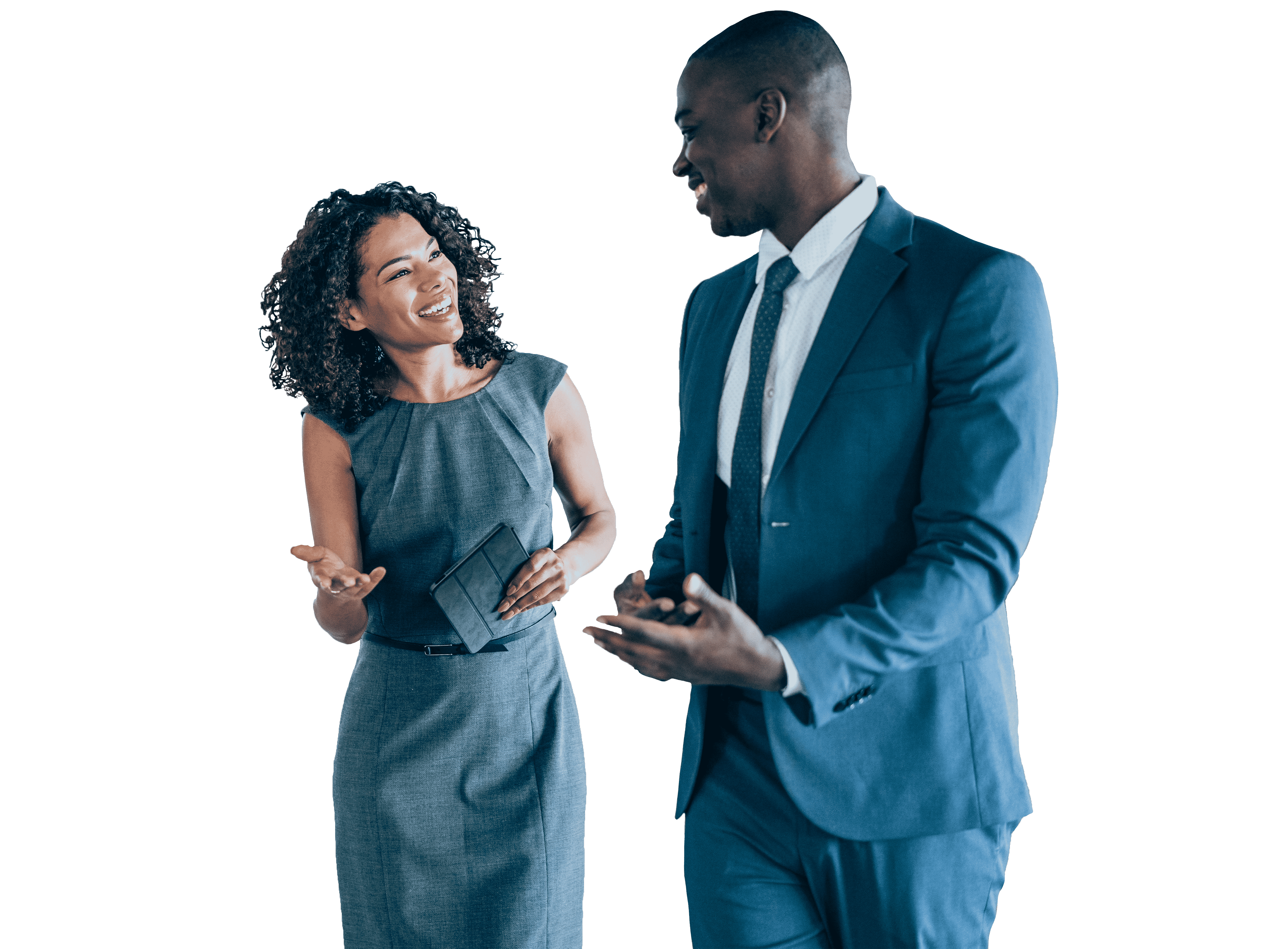 Diverse man and woman discussing work and smiling while woman holds tablet device