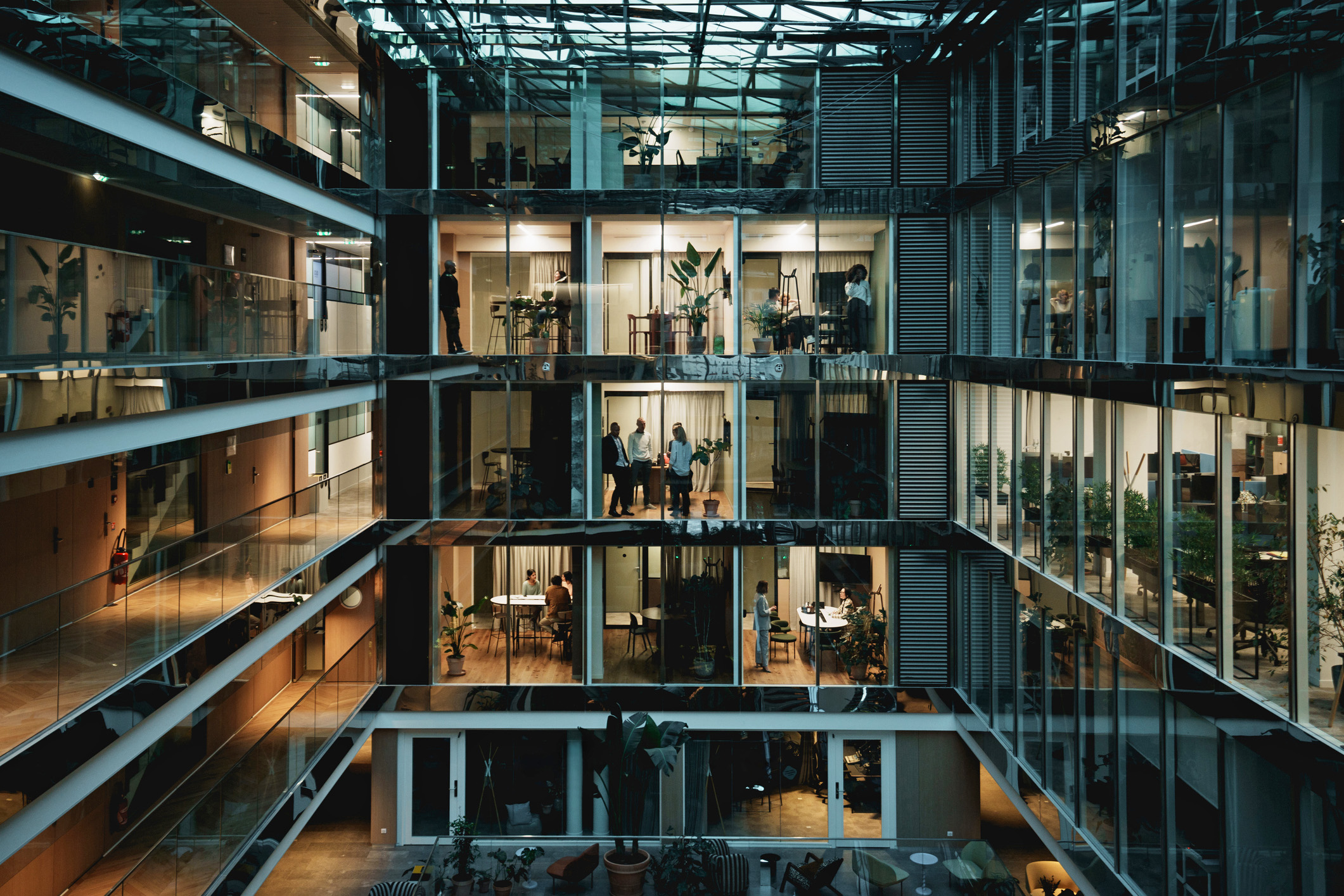 Modern office building by night in Paris, France