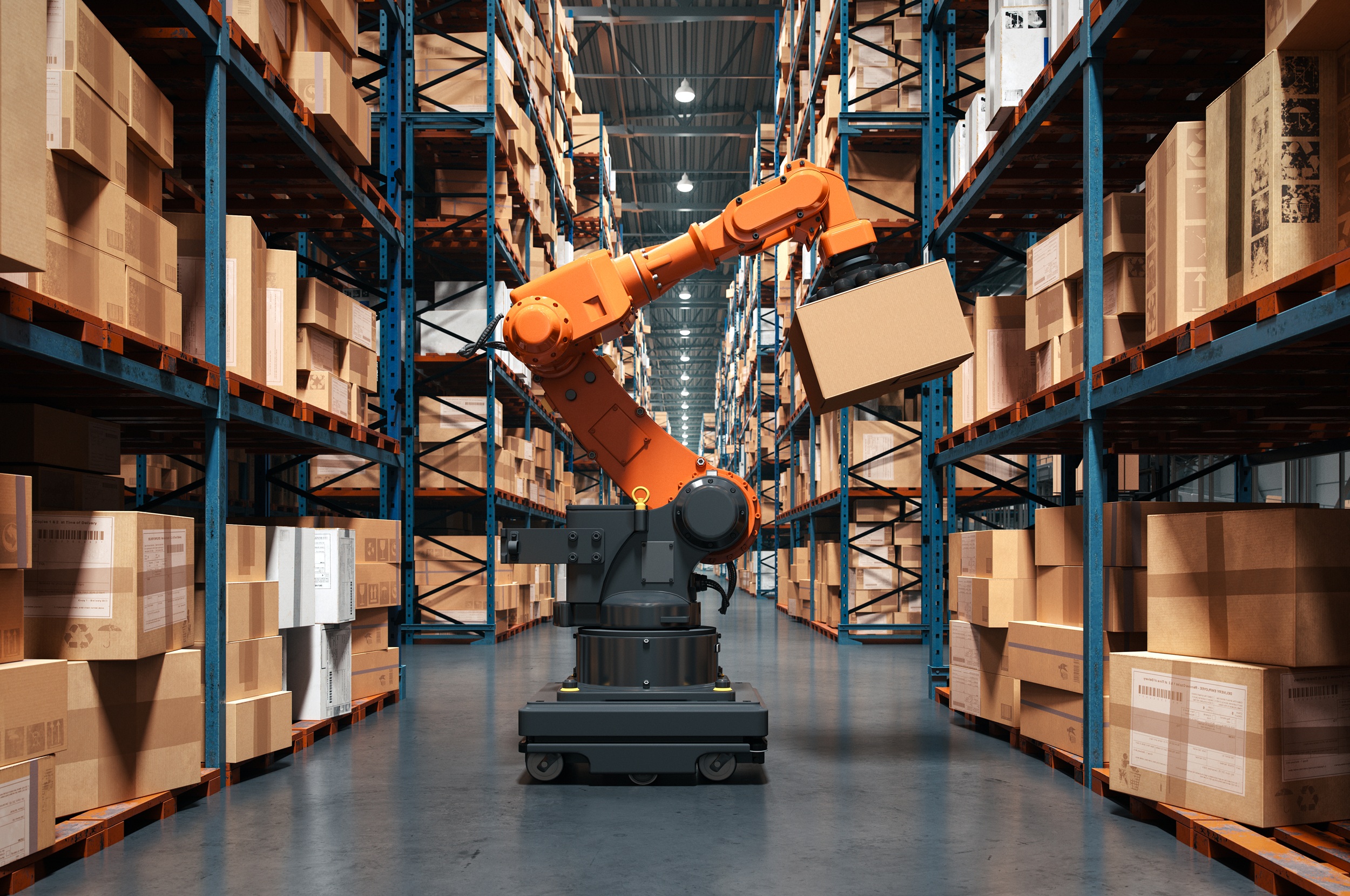 Robotic Arm Operating in a Modern Logistics Warehouse